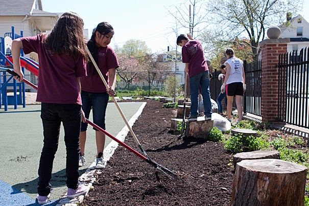 As part of Boston Shines, fifth-graders helped to clean and mulch the Gardner Pilot Academy’s playground. It was a task that the academy didn’t have staffing or resources to complete, according to school administrators. 