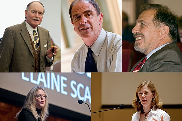 “Harvard is an institution of truly great teachers,” said Faculty of Arts and Sciences Dean Michael D. Smith. “Each year, it is a pleasure to recognize great scholars like Benedict Gross, Farish Jenkins, Arthur Kleinman, Elaine Scarry, and Alison Simmons for their pedagogical excellence. As Harvard College Professors, they are made visible to their colleagues as rich sources of insight and experience.” Jenkins (clockwise from top left), Gross, Kleinman, Simmons, and Scarry said they were honored by the award.