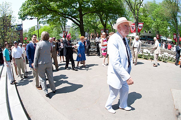  Nattily dressed John Francis Ambrose ’41, a World War II infantry officer who was later in the silver trade, strolls at ease into the Tercentenary Theatre on May 26. He and 19 other classmates were back at Harvard for their 70th reunion. 