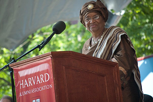 Ellen Johnson Sirleaf, the first woman president of an African nation, gave the Commencement address at Thursday’s (May 26) afternoon ceremonies in Harvard’s Tercentenary Theatre. She told graduating seniors of the challenges she faced and urged them to be fearless when facing the future. "I always maintained the conviction that my country and people are so much better than our recent history indicates,” said the Liberian president.