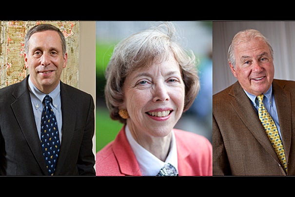 The Harvard Corporation will add three new members this July: Lawrence S. Bacow (from left), Susan L. Graham, and Joseph J. O’Donnell.