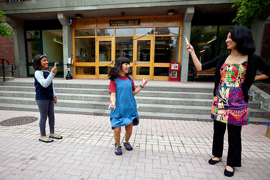 One of the youngest residents of Currier is Mara Cavallaro. Her parents, Nadejda Marques (right) and Jim Cavallaro, are Currier’s House Masters. Her friend Autumn Galindo (left) holds the other end of the jump rope. Rose Lincoln/Harvard Staff Photographer