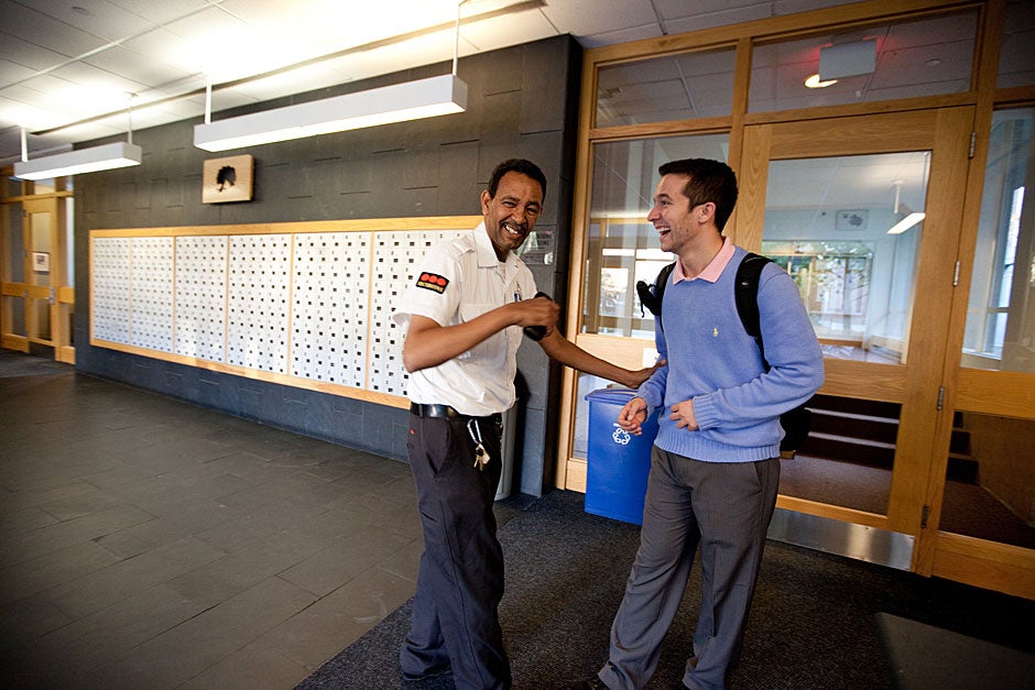 Yohannes Tewolde goofs around with Currier resident Richard Maopolski (right). Rose Lincoln/Harvard Staff Photographer