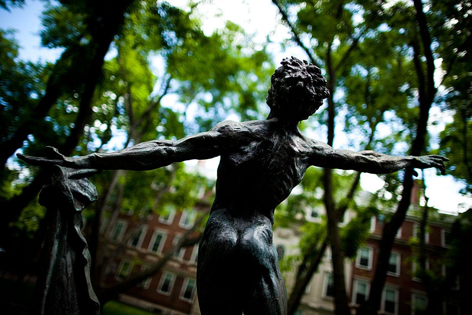 Harvard undergraduate students who reside in Winthrop House enjoy living among a rich history. Established in 1914, Winthrop consists of two buildings, Gore Hall and Standish Hall, and boasts the longest stretch of river views from any of the river Houses. This statue extends in the courtyard outside the House. Stephanie Mitchell/Harvard Staff Photographer