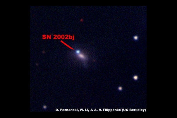 Supernova 2002bj was the first discovered example of a new type of exploding star. It’s just as bright as its host galaxy, the smudge to the supernova’s lower right.