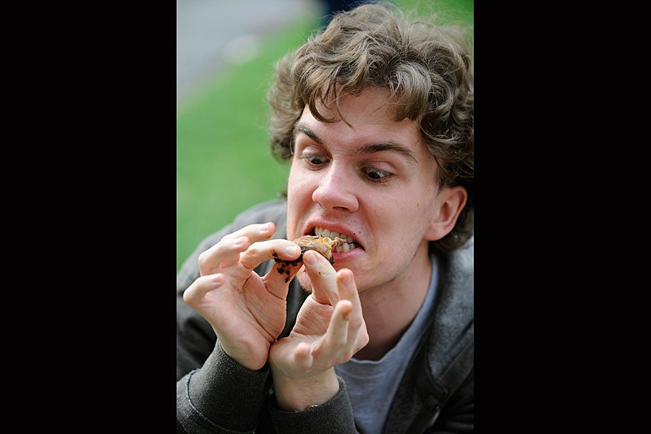 Danny Erickson '14 finds a piece of goat just a little bit chewy. Jon Chase/Harvard Staff Photographer