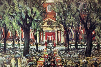 A copy image from Harvard Archives material of Harvard's Centennial celebration in 1936. The painting is by Waldo Pierce, who earned his Harvard degree in 1909.