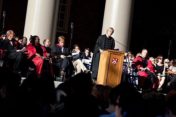 University President Drew Faust welcomed the freshmen under a cloudless sky, noting that convocation was meant to serve as one bookend of their College experience, the other being the Baccalaureate Service two days before Commencement in 2015. 
