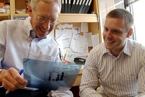 Senior author Dennis Selkoe (left) and first author Tim Bartels hope the study leads to new lines of attack against Parkinson’s disease. 