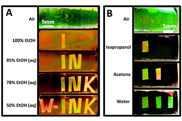 The "Watermark Ink" technology has only become possible due to a seamless fusion and interaction between chemistry, optics, condensed matter, and fluidics. (A) In the prototype device, the chip appears blank in the air. When dipped in varying concentrations of ethanol, however, it reveals new markings. (B) Because all liquids exhibit a surface tension, this indicator has the potential to be used to differentiate between liquids of any type. 