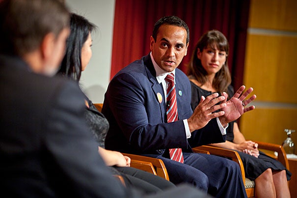 The current climate leaves a vacuum for motivated leaders to charge into to help solve society’s problems at a local, national, or even international level, said Somerville Mayor Joseph A. Curtatone (center). Curtatone was among a group of illustrious alumni at the Harvard Kennedy School who discussed the challenges and rewards of a career in public service. The talk was a kickoff for the Kennedy School’s 75th anniversary.