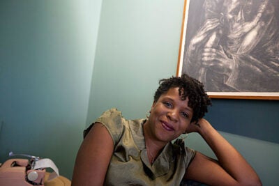 Tayari Jones, a Radcliffe Fellow this year, has recently published the novel "Silver Sparrow" but is at work writing another novel on her pink typewriter. 