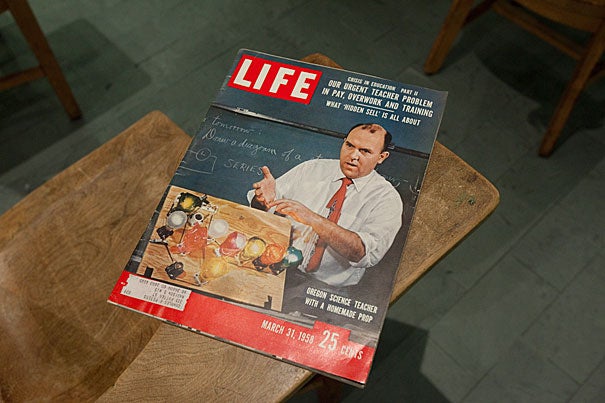 At the exhibit “Cold War in the Classroom,” you can flip through the Life magazine issue of March 31, 1958, and get a glimpse of pre-Sputnik fear: an article about the “underdog profession” of high school science teaching, in peril during a race to domination against the Soviets.