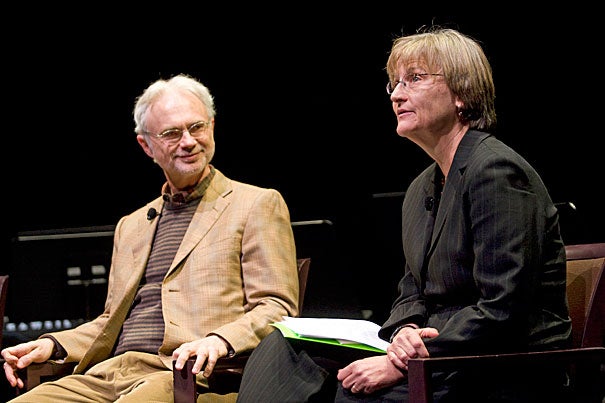 John Adams ’69, A.M. ’72 (left), and President Drew Faust will be reunited onstage in November for a panel discussion on "Nixon in China." They will joined by fellow alums Peter Sellars '80, librettist Alice Goodman ’80, and A.R.T. Director Diane Paulus ’88.  The event is part of Harvard's 375th anniversary. 