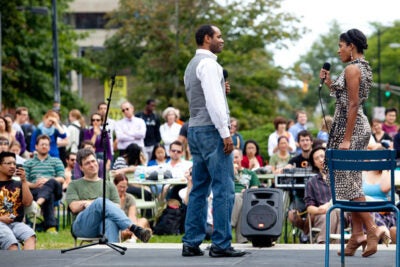 Ensemble members Nathaniel Stampley and Alicia Hall Moran from "The Gershwins' Porgy & Bess" sing "Bess, You Is My Woman Now" outside the Science Center as part of the Common Spaces performance series, "The Chairs Revue."  