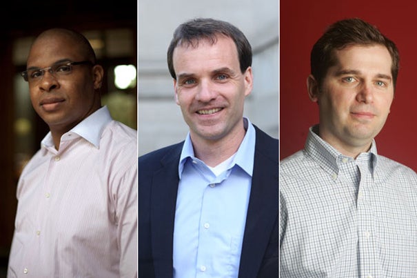Three Harvard professors are among the 2011 MacArthur Fellows. They include economist Roland Fryer Jr. (from left), physicist Markus Greiner, and clinical psychologist Matthew K. Nock.