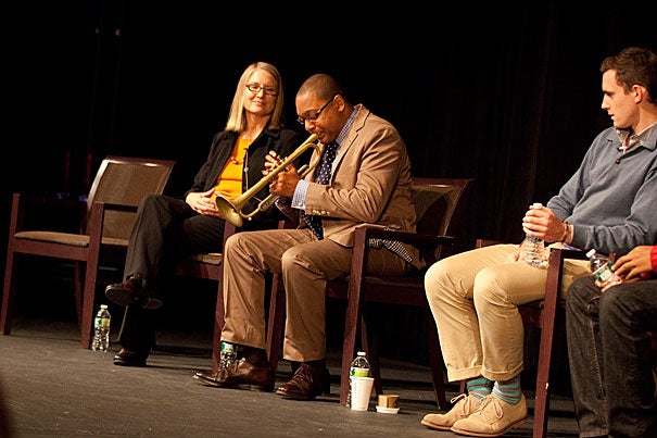 Students from Harvard College and the Boston Arts Academy joined Wynton Marsalis (center) for a frank discussion about music ... and integrity.
