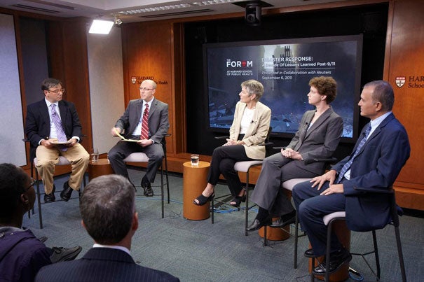 “Disaster Response: A Decade of Lessons Learned Post 9/11” was presented as part of the Forum at Harvard School of Public Health. Moderated by Reuters correspondent Aaron Pressman (from left), it included Stefanos Kales, Jennifer Leaning, Stephanie Kayden, and Isaac Ashkenazi.