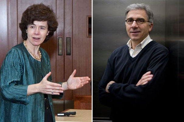 Rebecca M. Henderson (left) of the Harvard Business School and Douglas Melton of the Faculty of Arts and Sciences and the Harvard Medical School were named University Professors in recognition of their dedication to teaching and groundbreaking scholarship that crosses academic boundaries.