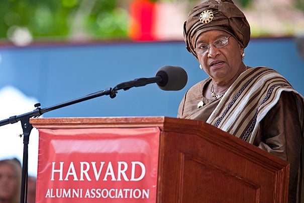 Liberian President Ellen Johnson Sirleaf, who spoke at Harvard's 2011 Commencement, is one of three recipients of the 2011 Nobel Peace Prize for her efforts to promote peace, democracy, and women’s rights. 