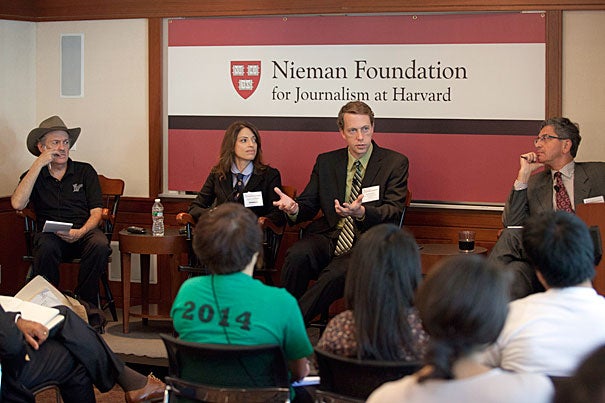 “If you don’t want [undocumented workers] in the country, you should be happy. But in fact you would be much happier if they were trying to get into the country because that means we have a good recovery,” said Harvard Professor Richard B. Freeman (far left) during “The Futures of Immigration: Scholars and Journalists in Dialogue” conference at Harvard. Joining Freeman were Cindy Rodriguez (second from left), Gary Painter, and Edward Schumacher-Mato.