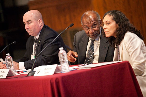Building trust is a fundamental part of a police officer's work, said Daniel Linskey (from left), Boston Police Department superintendent-in-chief, during a symposium titled "Reimagining the City-University Connection: Integrating Research, Policy, and Practice." Harvard Medical School Professor of Social Medicine Felton Earls and Deborah Allen, director of the Child, Adolescent and Family Health Bureau, also shared on the panel.