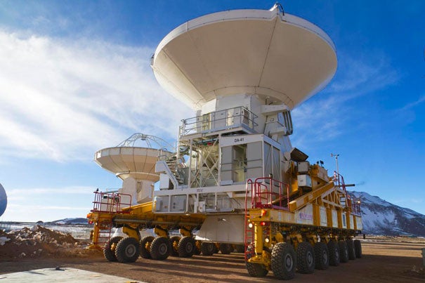 An antenna is installed at the Atacama Large Millimeter/submillimeter Array (ALMA) in Chile. The 12-meter diameter antenna is one of 16 that will be used in the observatory’s first round of scientific observations. 