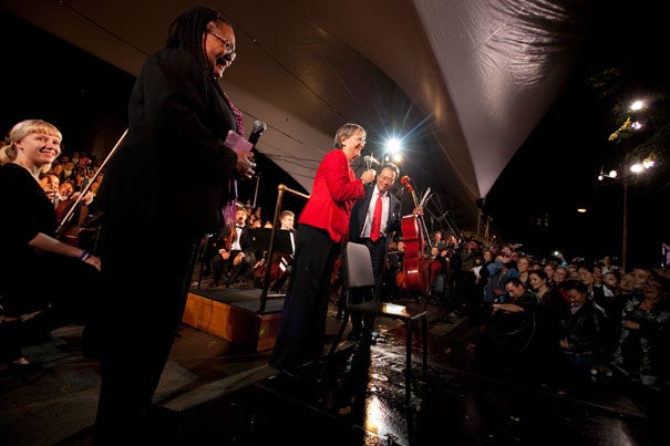 Harvard College Dean Evelynn M. Hammonds (from left), President Drew Faust, and cellist Yo-Yo Ma gathered onstage to help Harvard celebrate its 375th anniversary.
