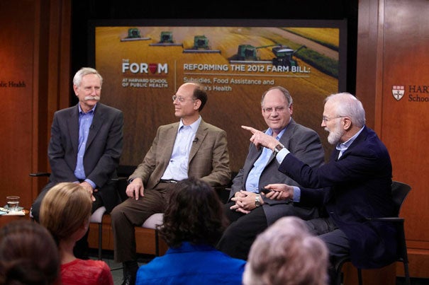“If we judge by its impact on human health, the American food supply is a disaster,” said Walter Willett (left), chair of the HSPH Department of Nutrition. Willett was joined by Harvard Medical School Professor David Ludwig, Gary Williams of Texas A&M University, and Barry Popkin of the University of North Carolina.