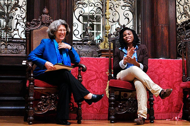 Dorothy Stoneman '63 (left) was the recipient of the 2011 Robert Coles "Call to Service" award for her achievements in social entrepreneurship and public service as the founder and chief executive officer of YouthBuild USA, a national youth and community development program. Sharing the stage with Stoneman at the Saturday evening event was Ekene Obi-Okoye '12, president of the Phillips Brooks House Association.