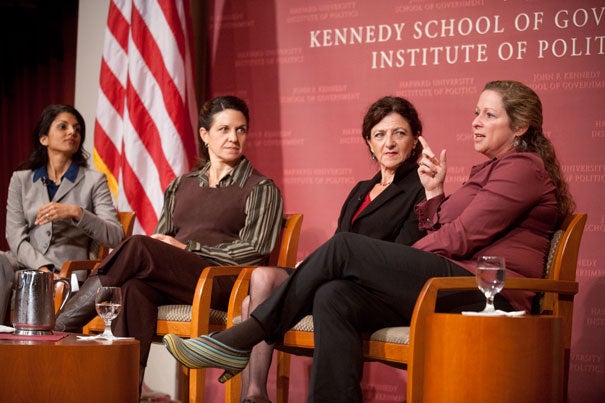 Women’s voices have long been absent from stories of war — and from the process of peacemaking. A group of women scholars and filmmakers gathered at the Kennedy School to explore those untold stories in conjunction with the new PBS series “Women, War, and Peace.” The panel included moderator  Sahana Dharmapuri (from left), Elizabeth Medina, Helen Benedict, and Abby Disney.