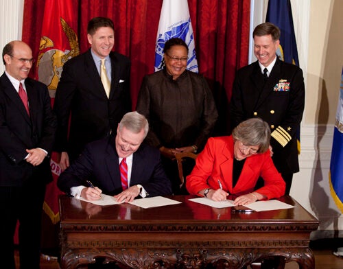 Secretary of the Navy Ray Mabus (left) and President Drew Faust signed an agreement March 4 to welcome the Naval Reserve Officers Training Corps (NROTC) program back to campus, following the decision by Congress in December to repeal the “Don’t Ask, Don’t Tell” law regarding military service. 