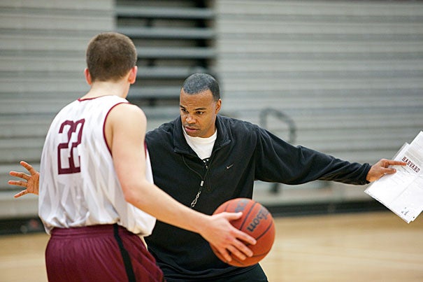 Head Coach Tommy Amaker practices with the Crimson, who have improved to 6-0 for the first time since the 1984-85 season.