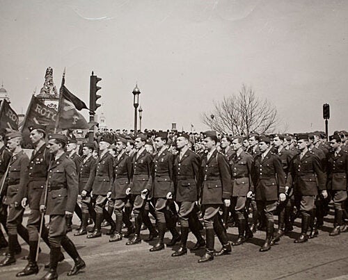 A Harvard Army ROTC unit on parade along Memorial Drive, July 1943.