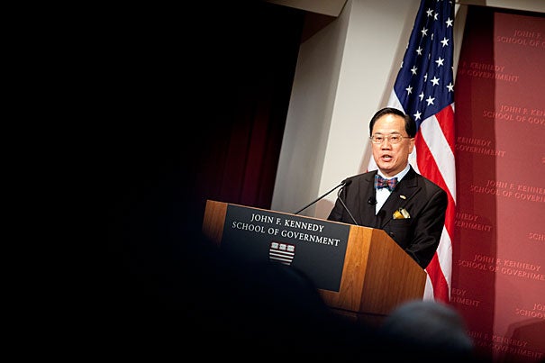 “In some ways Hong Kong has had an easier time over the past decade than many other economies,” Donald Tsang told his Harvard Kennedy School audience. “Our freedom from public debt, our position beside China’s growing economy, our prudent banking supervision — these have all helped to cushion us from some of the shocks that have come our way.” 