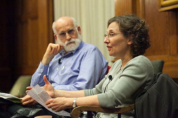 Writing couple Jerome Groopman (left) and Pamela Hartzband, who both teach at Harvard Medical School and contribute to The New Yorker, joined the Harvard Writers at Work lecture series with their talk titled "Alone and Together: From The New Yorker to the New England Journal of Medicine." On Nov. 18, Gay Talese will be joined by Esquire magazine's Chris Jones.