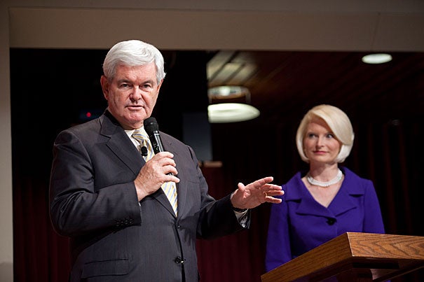 “Post-Watergate micro-democratization of financing is a spectacular disaster,” said Republican presidential candidate Newt Gingrich (seen here with wife, Callista). “We’d be vastly better off if anyone could give as much as you want, and it would be reported every night on the Internet.”