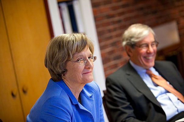 “Having these three outstanding alumni join the Corporation, with their complementary perspectives and their clear devotion to Harvard, has already energized our discussions,” said President Drew Faust (left) of the new committees. As senior fellow, Robert D. Reischauer (right) is chairing the governance committee, which also includes Faust and Corporation colleagues Nannerl O. Keohane, William F. Lee, and James F. Rothenberg.