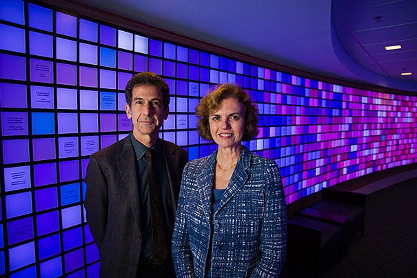 HMS faculty members Barrett Rollins (left) and Janina Longtine are collaborating on a massive, long-term effort to collect and analyze tumor tissue from 10,000 cancer patients each year. Using automated gene-analysis technology, they’ll scan each tumor for nearly 500 known mutations on 41 genes.
