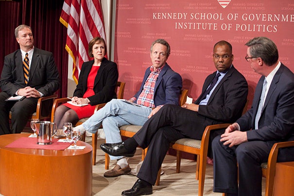 Trey Grayson (from left) moderated a discussion among political analysts Karen Tumulty, Mark McKinnon, Kahlil Byrd, and Tad Devine at the Harvard Kennedy School.