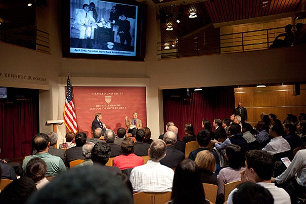 “What I’m most worried about, and remain worried about, is if the problem in consumer and business confidence in Europe and the U.S. spreads to emerging markets, then the domestic demand of these economies would also wither,” said Robert Zoellick (left). Zoellick was the speaker at the Harvard Kennedy School's 2011 Robert McNamara Lecture on War and Peace. Graham Allison (right), former HKS dean and current director of the Belfer Center for Science and International Affairs, moderated the event. 