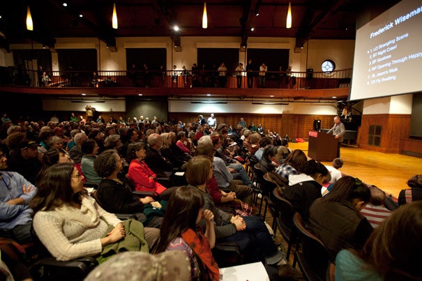 Documentary filmmaker Frederick Wiseman spoke before a packed audience at the Radcliffe Gymnasium, delivering the Julia S. Phelps Annual Lecture in Art and the Humanities, sponsored by the Radcliffe Institute for Advanced Study.