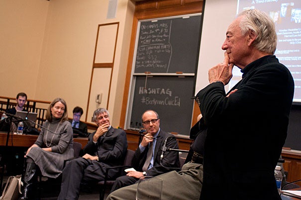 "The Fate of Civic Education in a Connected World" was the topic of a "Fred Friendly" session at Harvard Law School this week. Among the panelists were Elizabeth Lynn (from left), Peter Levine, Juan Carlos De Martin, and Charles Nesson. Also present were Ellen Condliffe Lagemann and Harry Lewis.