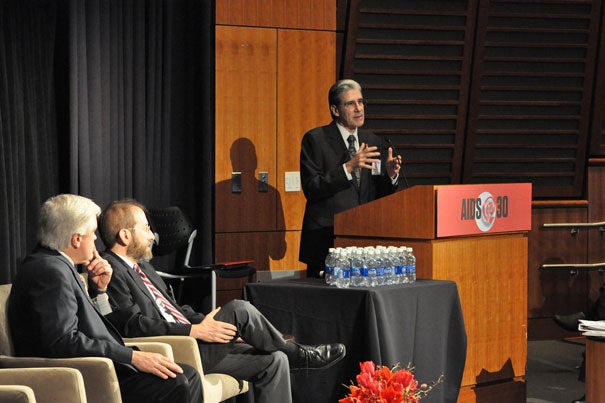 A two-day conference titled “AIDS@30: Engaging to End the Epidemic,” which drew hundreds to the Joseph B. Martin Conference Center, worked to engage those who know the ailment best to plot its end. The Dec. 1 discussion brought together Harvard School of Public Health Dean Julio Frenk (right), Harvard Provost Alan Garber (center) and Richard Marlink (left), the program chair and Beal Professor of the Practice of Public Health.