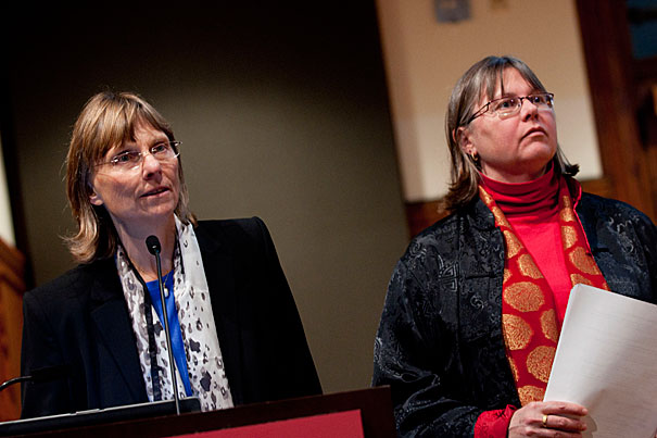 “For me the question about foot binding has always been ‘how could rural families afford to lose women’s labor’?” said Laurel Bossen (left), the Carl and Lily Pforzheimer Foundation Fellow at the Radcliffe Institute for Advanced Study. Bossen and Melissa Brown (right), Radcliffe’s Frieda L. Miller Fellow, shared their research on the practice of foot binding.
