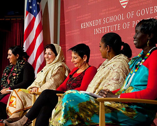 Samira Hamidi (from left), Mossarat Qadeem, Lt. Gen. (Ret.) Orit Adato, Zaynab El Sawi, and Rebecca Joshua Okwaci drew from firsthand experience in a discussion of women's roles in peace efforts Jan. 11 at the John F. Kennedy Jr. Forum. 