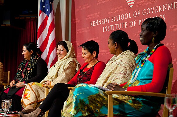 Samira Hamidi (from left), Mossarat Qadeem, Lt. Gen. (Ret.) Orit Adato, Zaynab El Sawi, and Rebecca Joshua Okwaci drew from firsthand experience in a discussion of women's roles in peace efforts Jan. 11 at the John F. Kennedy Jr. Forum. 