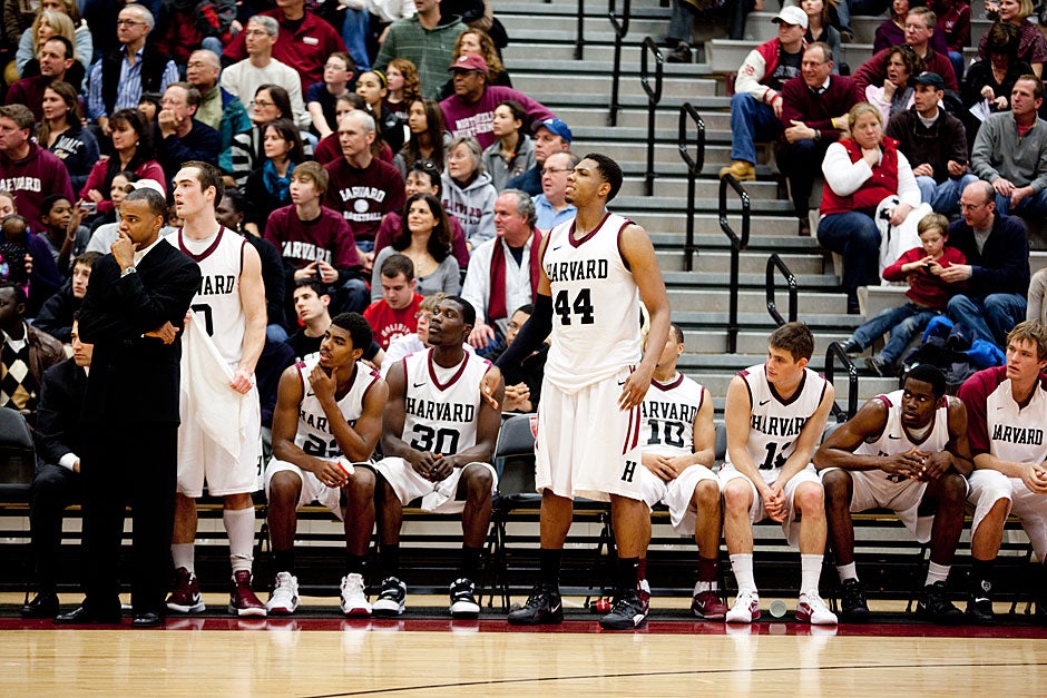 Hot and bothered: The Harvard bench contests the ref's call.  Rose Lincoln/ Harvard Staff Photographer
