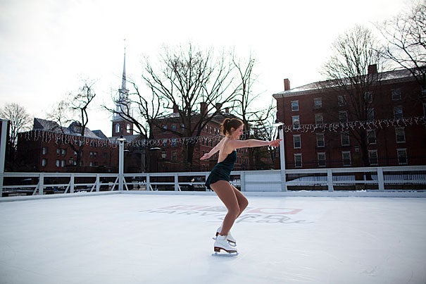 Harvard Graduate School of Design student Trude Renwick breaks in the ice at the opening of Harvard Skate, a free ice skating rink open to the community and located in the plaza adjacent to the Science Center. One of many activities being organized to celebrate the University’s anniversary, Harvard Skate is managed under the Common Spaces program.