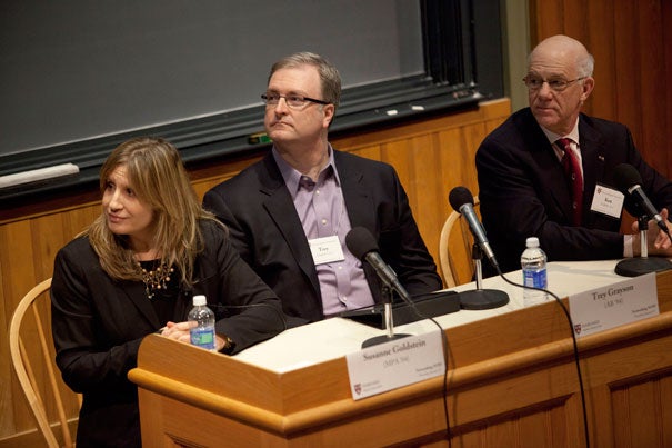 Harvard alumni Susanne Goldstein (from left), Trey Grayson, and Ken Ledeen underscored how networking is a skill that can be learned, practiced, honed, and perfected during “Networking NOW: The Learn-How-to-Network Event,” a panel sponsored by the Harvard Club of Boston and the Harvard Alumni Association.